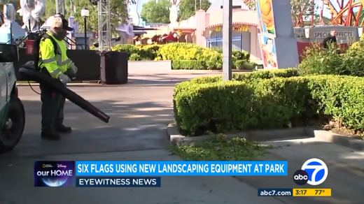 Landscapers at Magic Mountain are now using lighter, battery-powered equipment that is quieter and better for the environment.