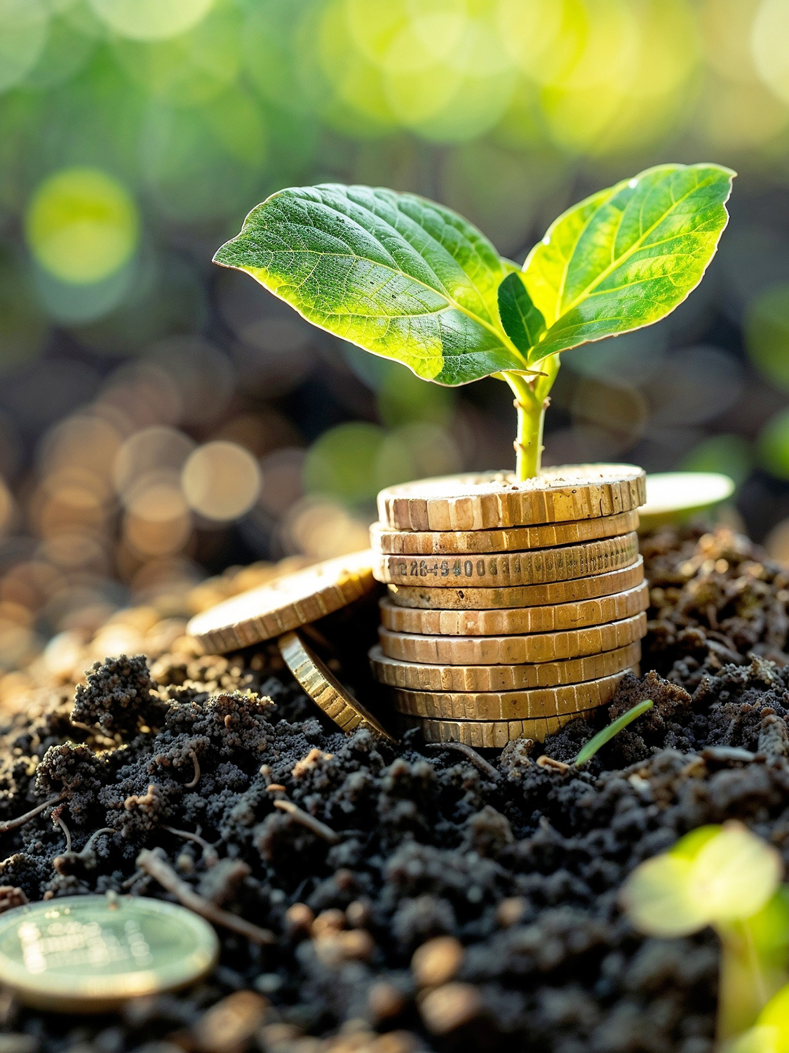 Sprout growing out of a stack of coins sitting in soil