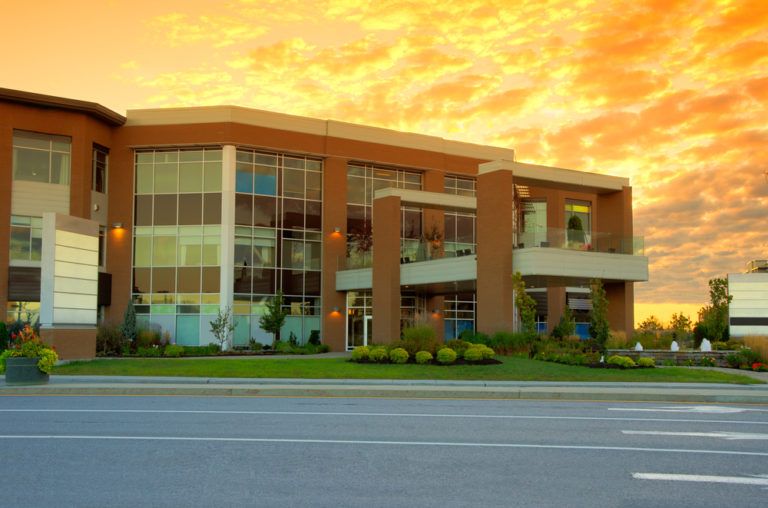 Sunset over an office building