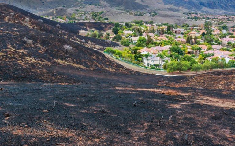 Burn scar on a hill that shows that a fire got very close to homes.