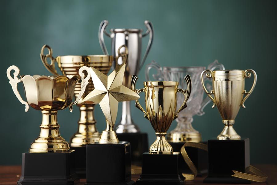 variety of trophies on a table